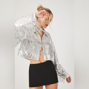 Silver Sequin Fringe Cropped Jacket - Women's